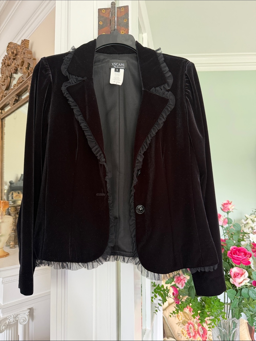 Xscape Black Velvet Ruffle-Trim Blazer